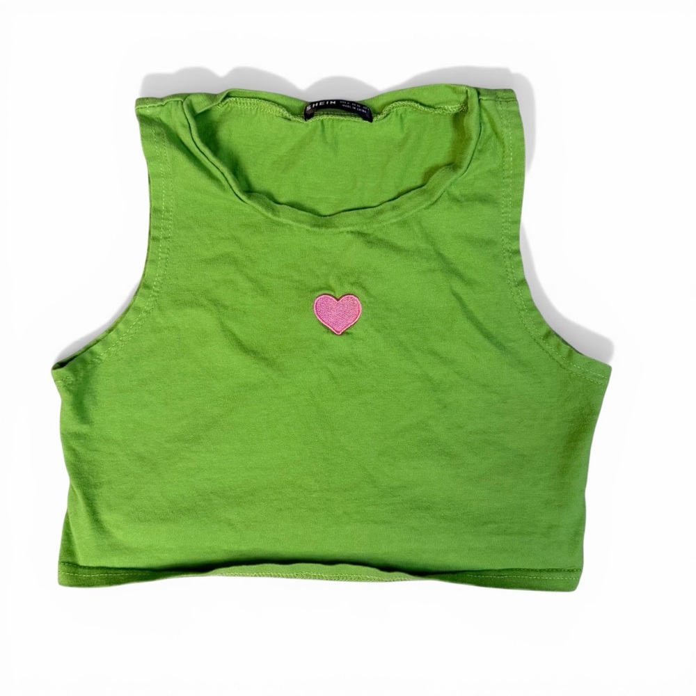 Green Cropped Tank with Embroidered Pink Heart